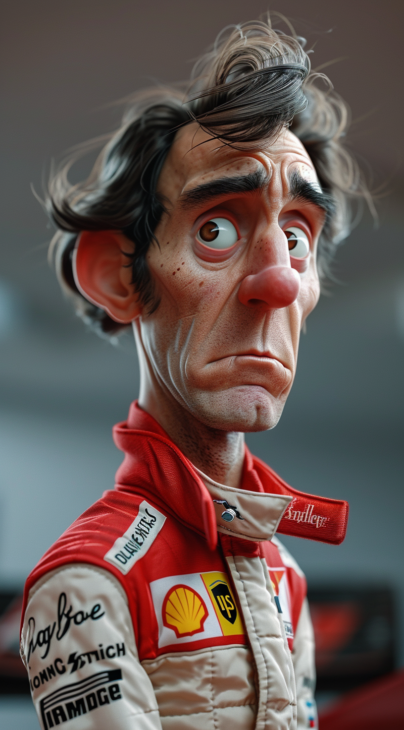 Hyper-realistic digital caricature of a racing driver with distinctive, exaggerated facial features, wearing a branded racing suit, communicating a humorous and quirky take on the sports persona.