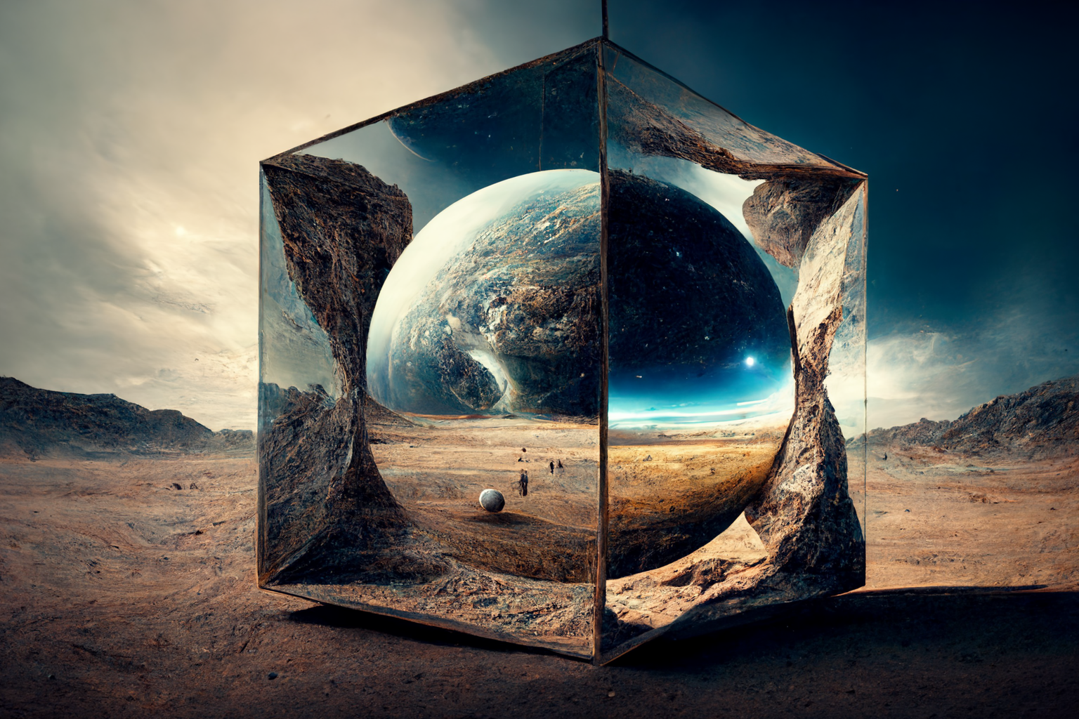 Captivating sci-fi landscape with a hyper-realistic reflective cube providing a portal-like view to an earth-like planet and its surrounding cosmos, set in a desolate, rocky alien terrain, suggesting advanced concepts of physics and alternate realities in a universe full of mystery and exploration.