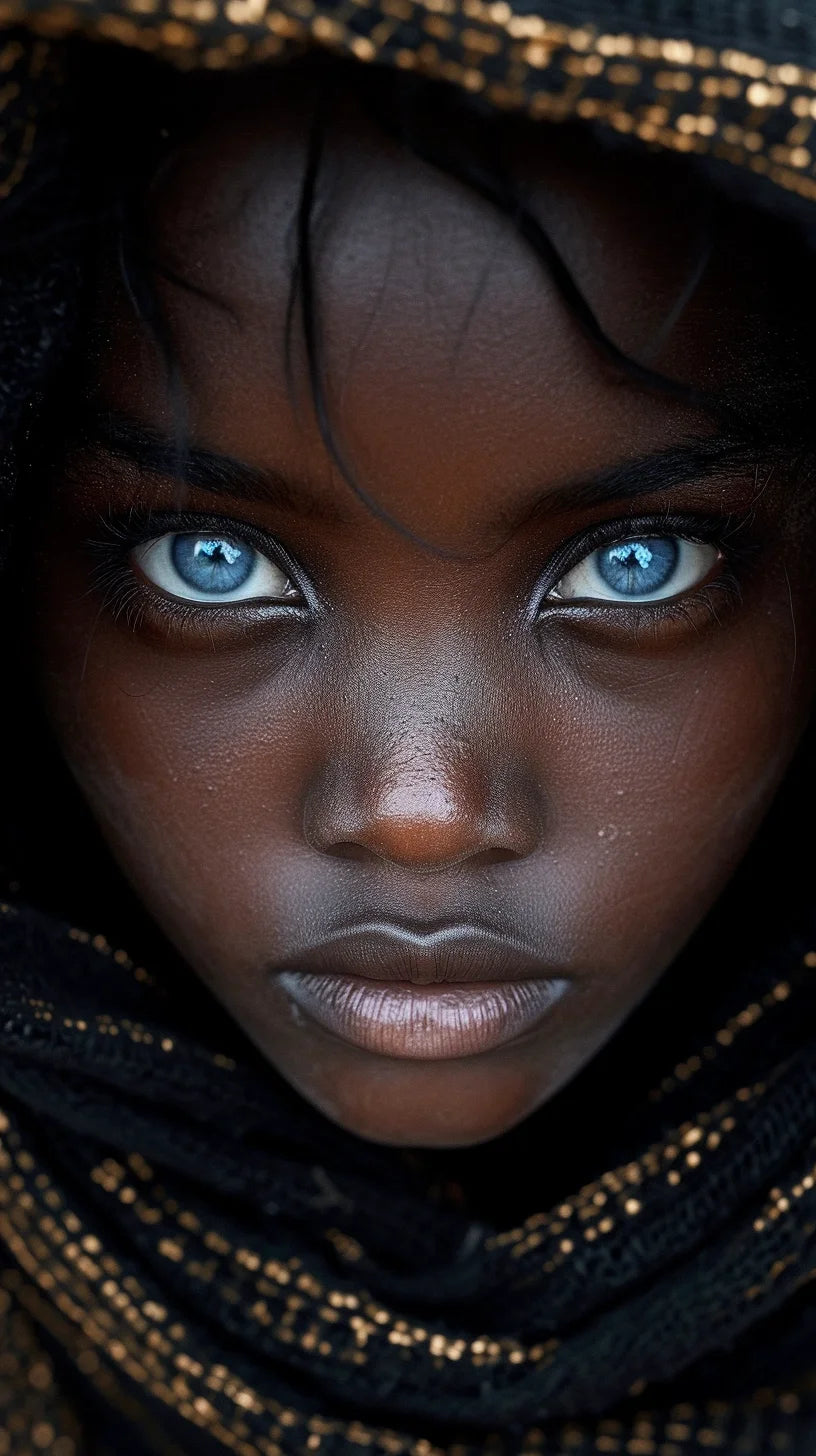 A hyper-realistic and captivating portrait of a young girl with luminous blue eyes, set against the darkness of her surroundings. Her gaze is intense and soulful, with a depth that suggests an old soul, while her traditional attire speaks to the rich cultural heritage and beauty of African peoples.