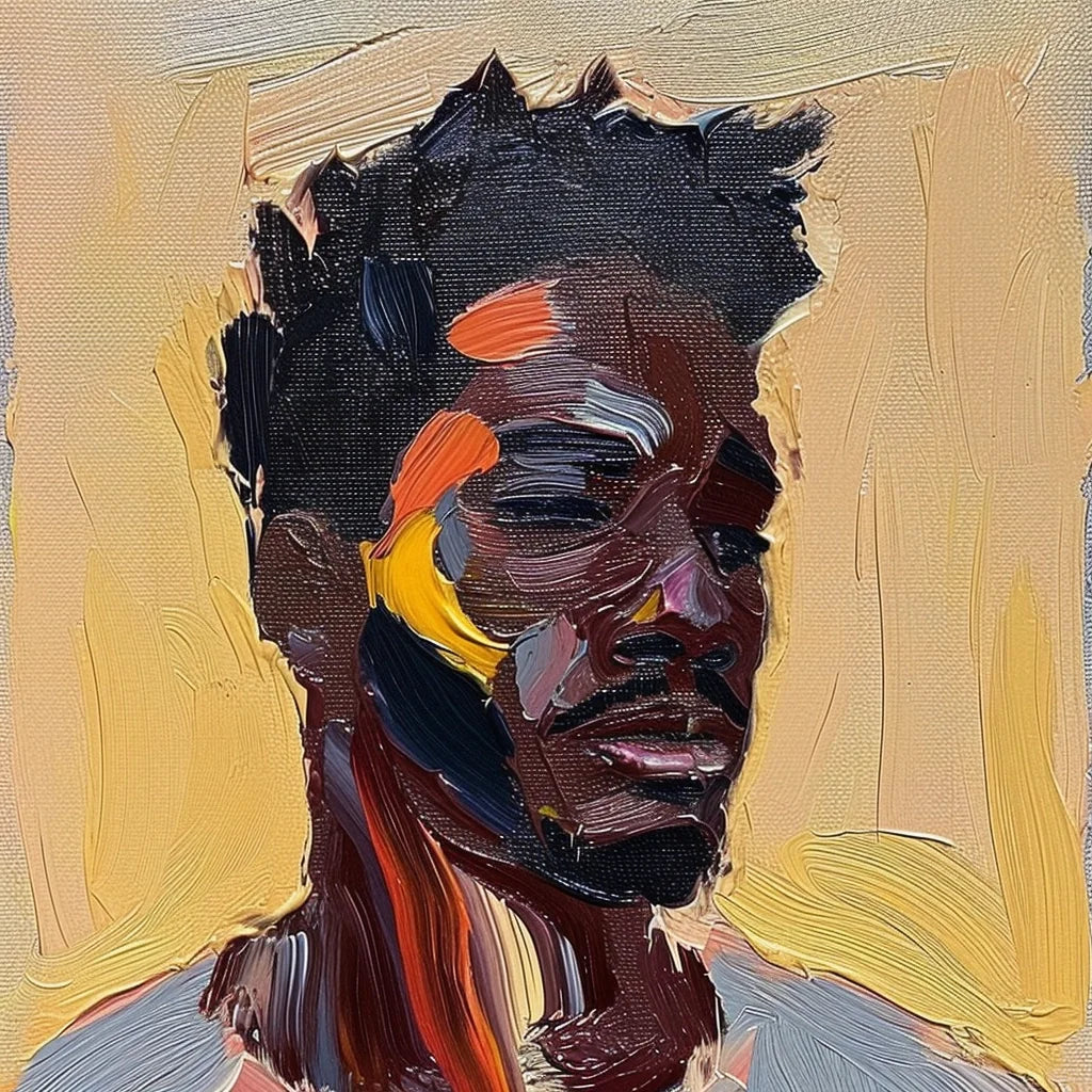 An evocative and richly textured digital portrait focusing on the contemplative face of a man, his skin rendered in a tactile impasto technique with bold strokes of black, interspersed with vivid splashes of orange and blue, conveying a raw and poignant emotional depth that speaks to the viewer’s soul.