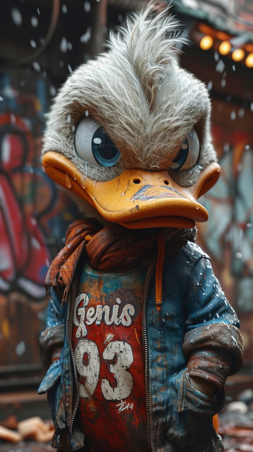 Artistic rendition of a cartoonish duck character with an edgy style, set against a rough urban brick wall with vibrant graffiti, reflecting a modern twist on classic animated figures.