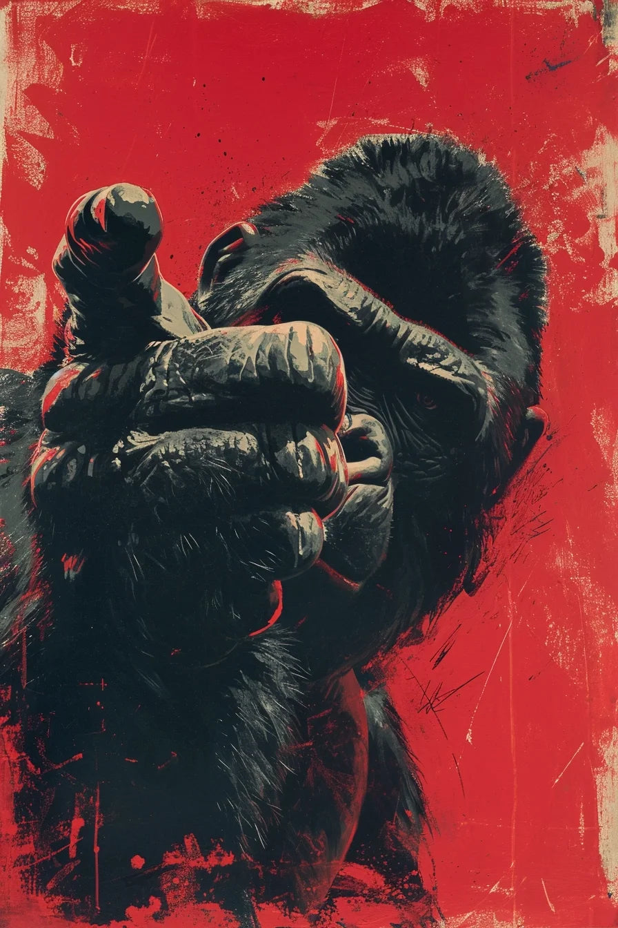 An introspective portrait of a gorilla, whose deep, soulful eyes convey a profound sense of wisdom and emotion. Set against a bold, red backdrop that bleeds into a textured abyss, the artwork draws the viewer into a contemplation of the human-like qualities that reside within this majestic creature, captured in an art piece that juxtaposes the wild spirit of the animal kingdom with a haunting human-like gaze.