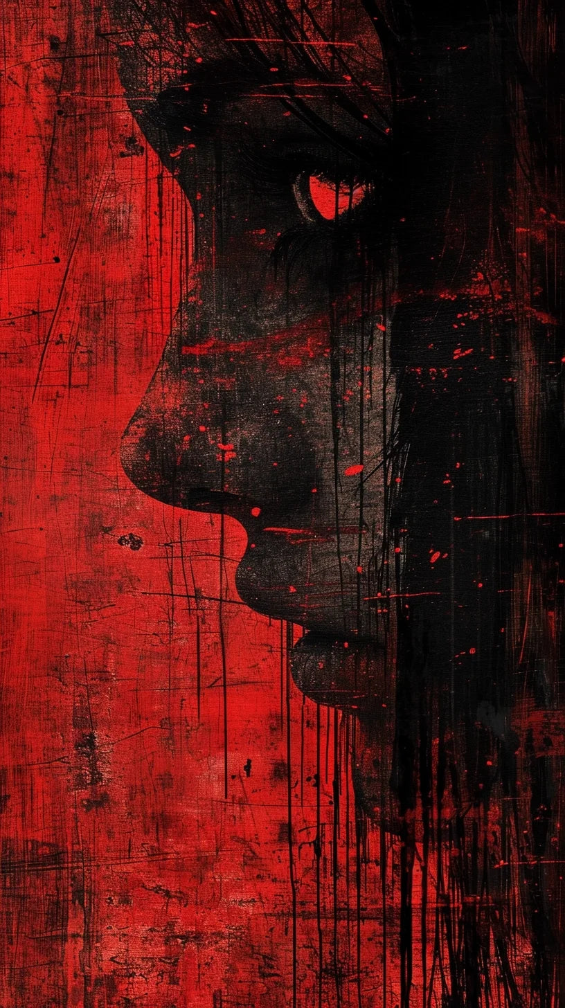 Striking digital art piece dominated by a rich red hue with contrasting black strokes, portraying an abstract silhouette of a human eye, evoking an intense and emotional response through its dripping paint and scratchy lines reminiscent of urban street art.
