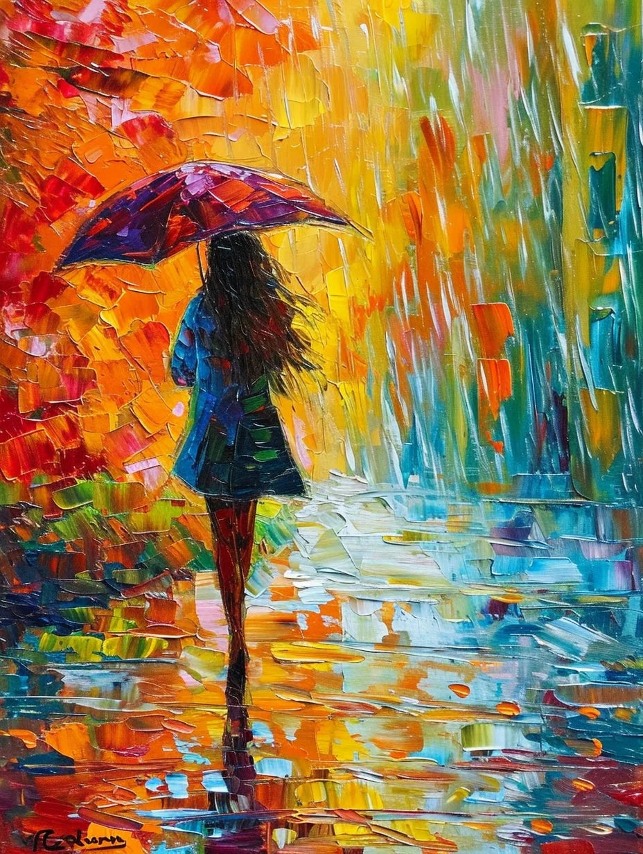 A vibrant oil painting capturing a solitary figure with an umbrella walking on a wet city street, reflecting a kaleidoscope of colors. The thick, impasto technique adds texture and depth, ideal for art-related platforms or educational sites focusing on painting techniques or the emotional impact of color.