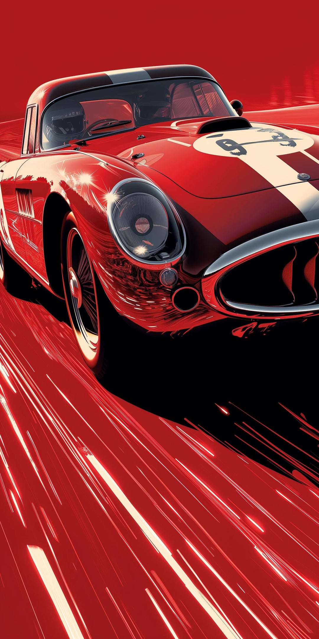 A classic red sports car, rendered in exquisite detail, streaks across the canvas with a sense of unstoppable motion. The car's contours and chrome accents are highlighted by the brilliant sheen of the paintwork and the sleek lines of its design. This image is a homage to the golden era of automotive excellence, encapsulating the freedom, luxury, and exhilarating speed that have become synonymous with vintage sports cars.