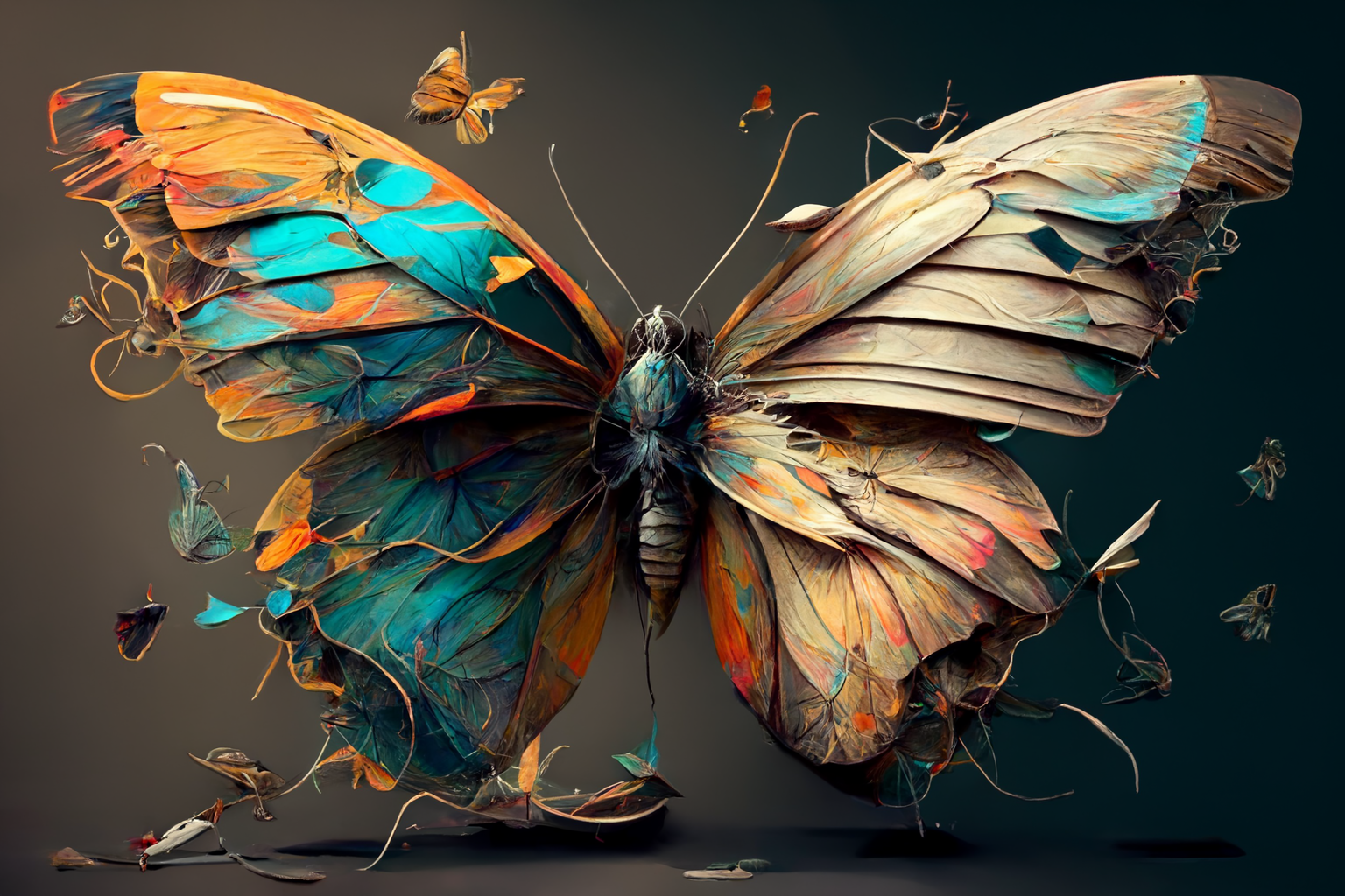Artistic rendition of a butterfly composed of a multitude of vividly colored fragments and textures, symbolizing transformation and the ephemeral nature of life, set against a muted background that accentuates the creature's delicate beauty and complexity.