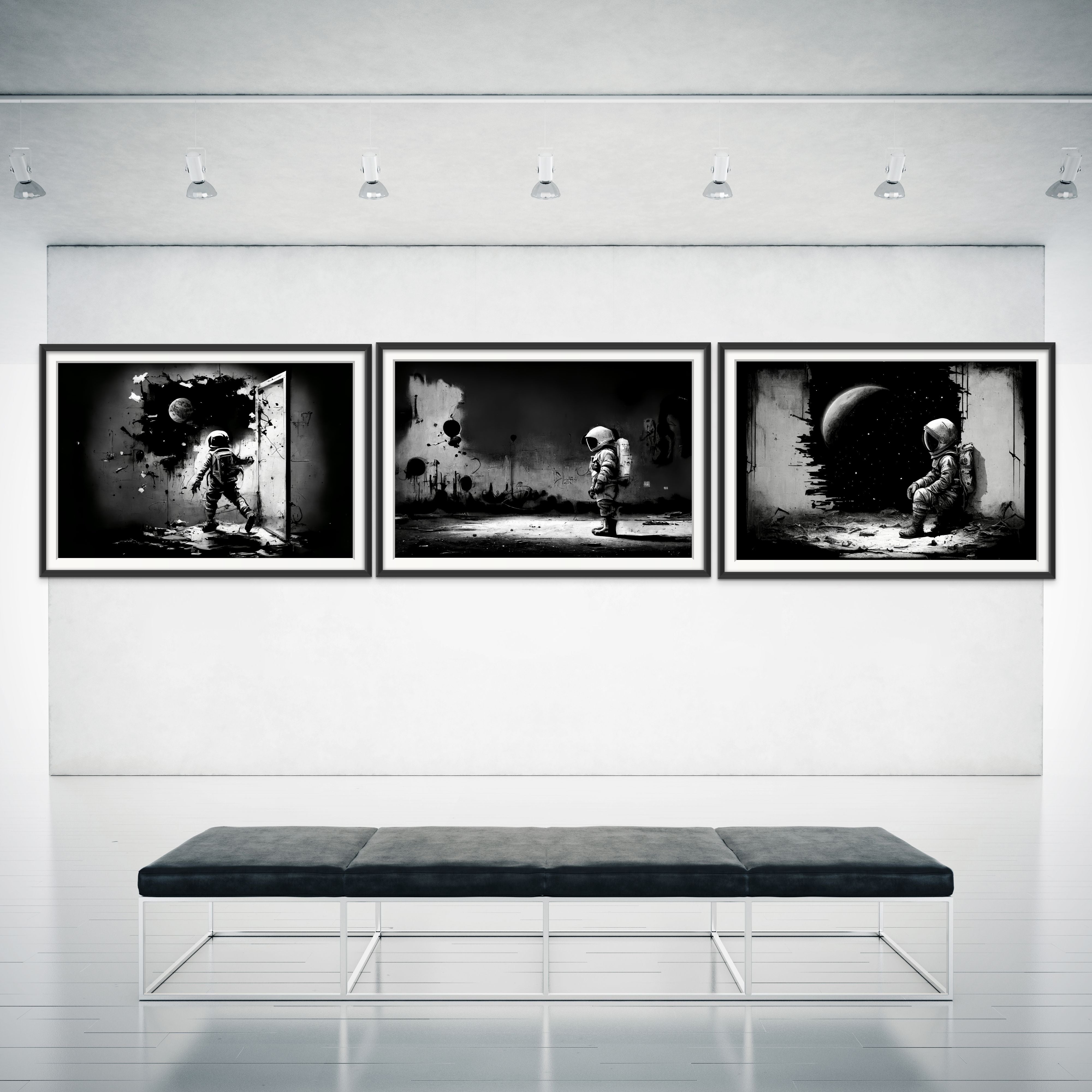A series of three black and white digital art prints displayed on a gallery wall, showcasing an astronaut in different poses against a stark, urban backdrop, reminiscent of Banksy's street art style. The art series creates a narrative journey with the astronaut entering through a door in the first frame, standing contemplatively in the second, and encountering a lunar-like sphere in the third, all above a minimalist dark bench on a glossy white floor, enhancing a modern and artistic atmosphere.